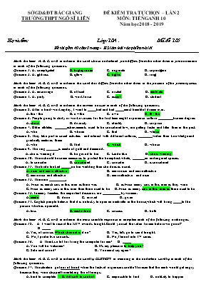 Đề kiểm tra tự chọn lần 2 môn Tiếng Anh Lớp 10 - Mã đề 105 - Năm học 2018-2019 - Trường THPT Ngô Sĩ Liên (Có đáp án)